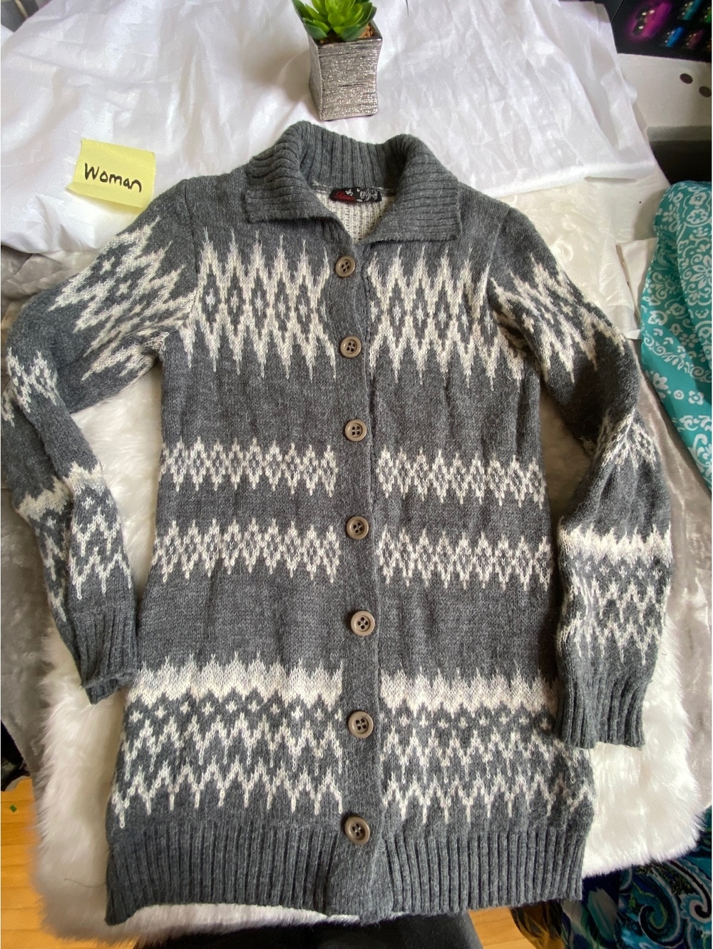 Petance Women's Gray and White Wool Blend Patterned Long Swe